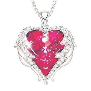BEAUTIFUL Angel Wing Red Crystal Heart Silver Necklace on  18-20"Chain NEW…